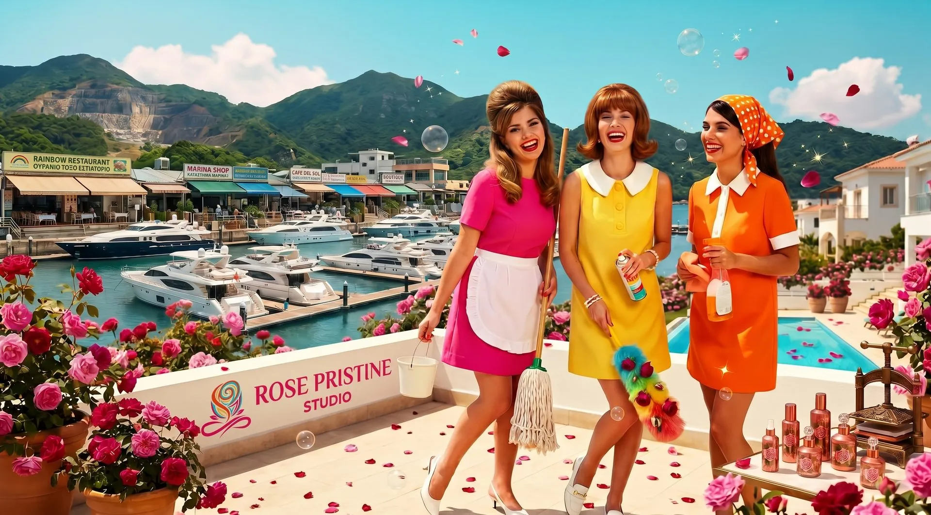 Three smiling women in bright 1960s cleaning outfits with a mop, bucket and duster, in front of a Mediterranean marina with yachts, white villas and roses